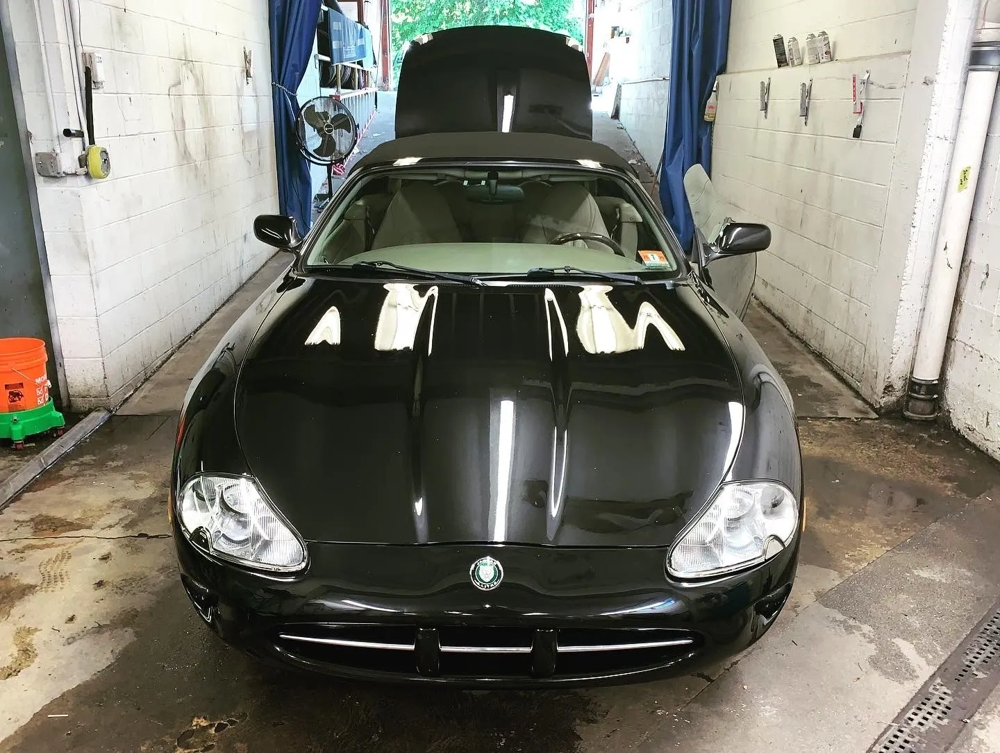 Sleek black sports car receiving maintenance and auto detailing in a garage, with its hood open and ready for some fine-tuning.