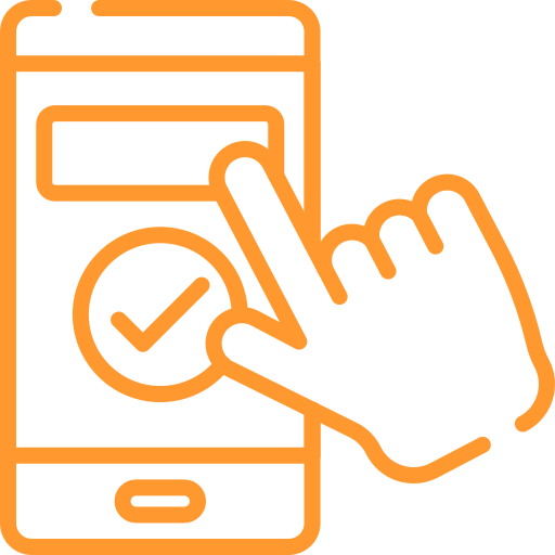 An orange outline of a smartphone features a hand tapping the screen, much like selecting premium car detailing services in Leander. A checkmark inside a circle confirms your choice, ensuring top-notch care for your vehicle.