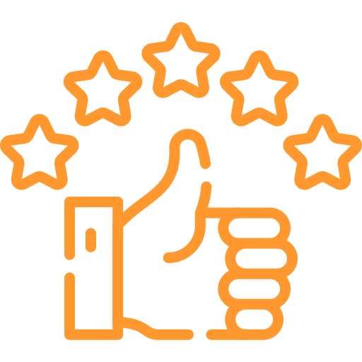 An orange outline of a hand giving a thumbs-up is beneath five stars, also outlined in orange. The image suggests approval or a five-star rating, perfect for showcasing the exceptional car detailing services available in Leander.